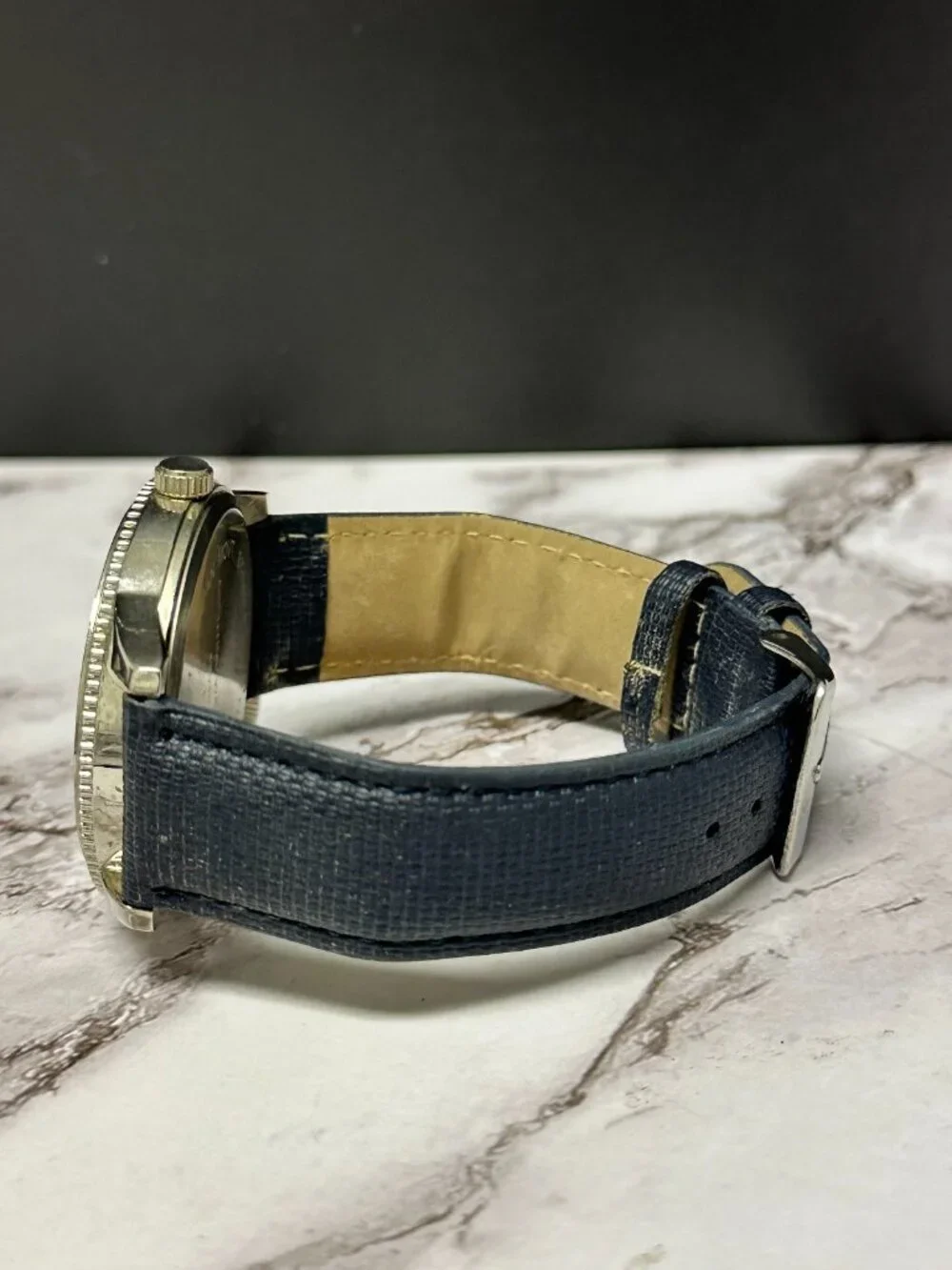 3/$30 Accutime Watch Men Silver Tone Blue Faux Leather Band 40MM Round